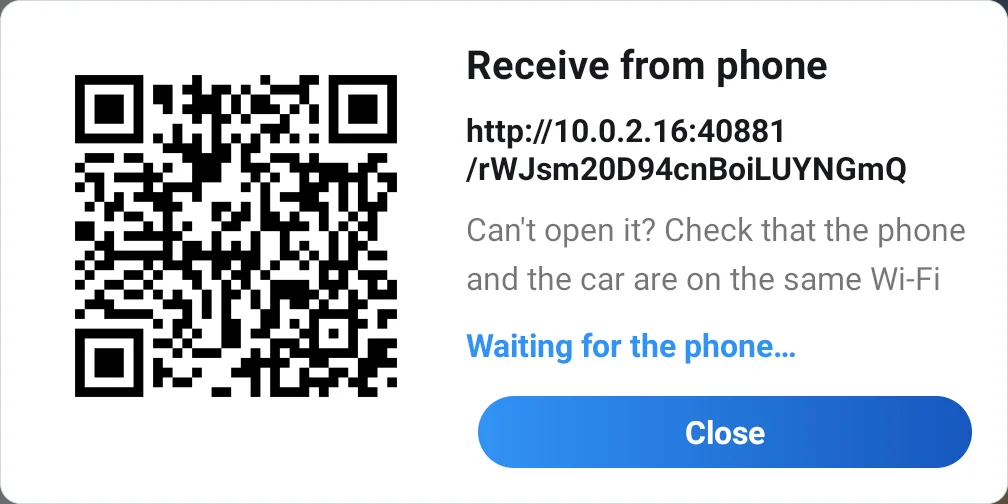 Hộp Nhận ảnh từ điện thoại trên màn hình Jaecoo J7 với mã QR và địa chỉ trang