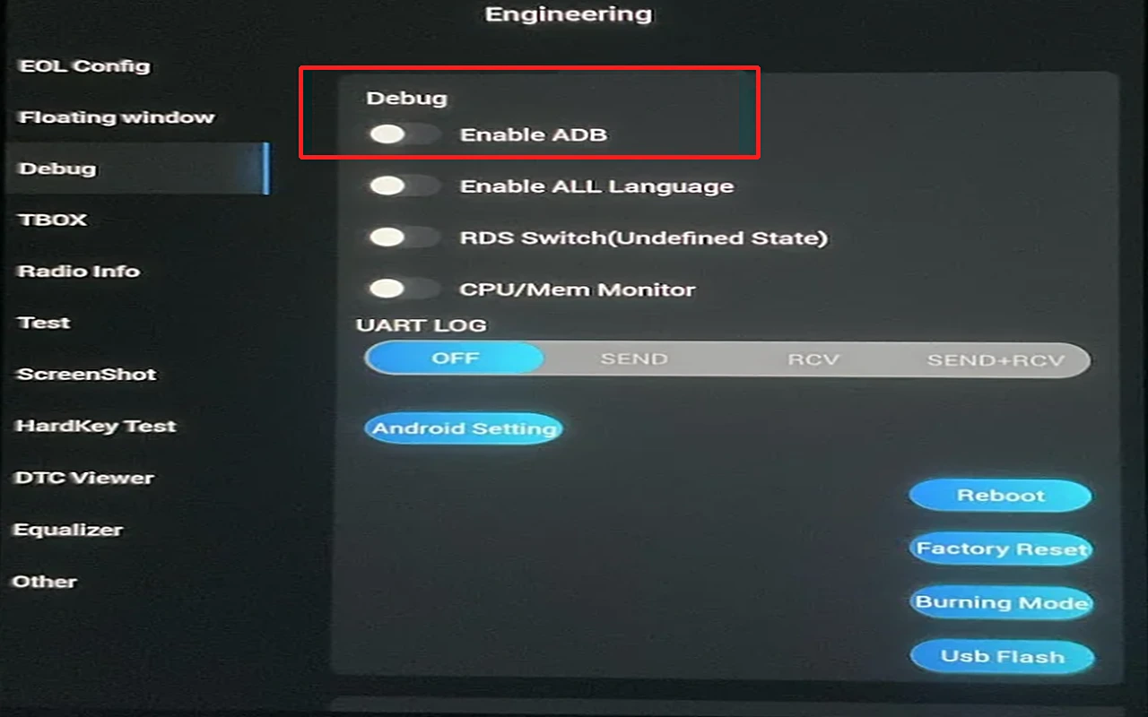 Turn on Enable ADB in Debug menu
